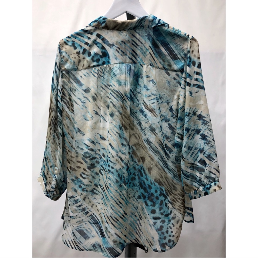 Chico's Blue Cream Animal Print Burnout Blouse - Picture 8 of 15